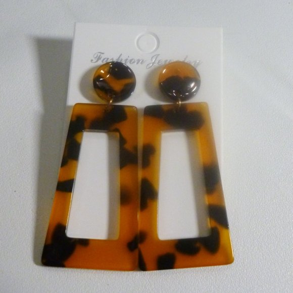 Earrings Faux Tortoise Shell Drop Animal Print Pierced 2.5" Geometric NWT M362 - Picture 2 of 3